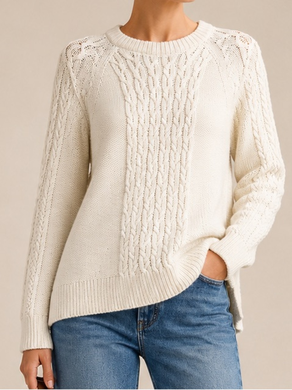 Tuckernuck Ivory Cable-Knit fisherman wool Crew neck Sweater sz L